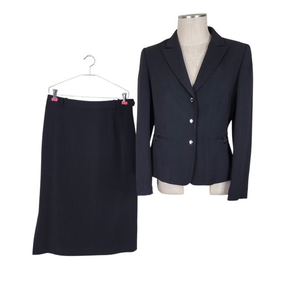 Tahari ASL Midi Skirt Suit Size 8 Black Snap Closure Slip Pockets Side Slit - Picture 1 of 13